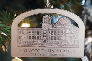 Silver ornament showing marsh hall at concord university