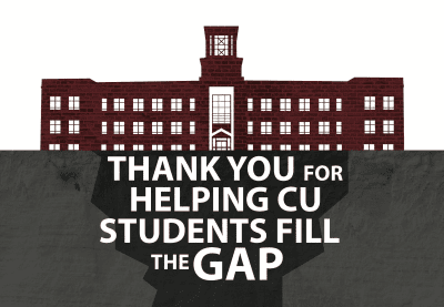 Graphic depicting Marsh Hall with the text thank you for helping cu students fill the gap